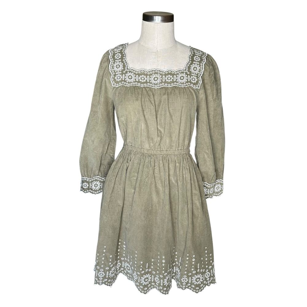 MADEWELL Green Embroidered‎ Corduroy Mini Dress Women's Size Small Boho